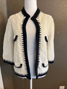 CAbi Cream and Black Open-Front Knit Cardigan